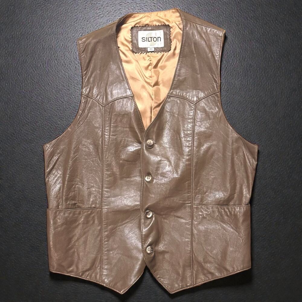 VTG Silton Leather Western Vest Unisex Tan Button Up Cowboy Cowgirl Sz 40 READ